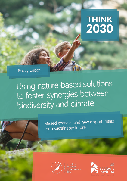 Front Cover of Nature Based solutions Policy Paper with Woman and Boy looking up into a forest canopy