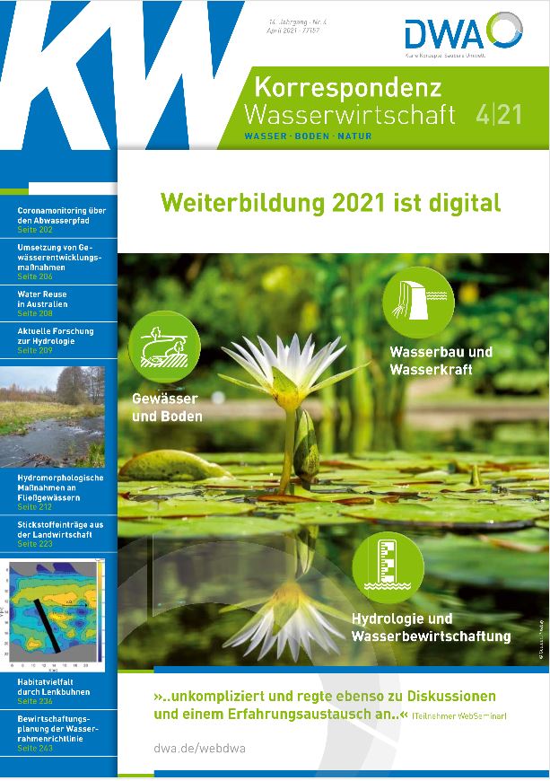 front cover of Korrespondenz Wasserwirtschaft journal with blue and green design and a photo of a lotus flower in water