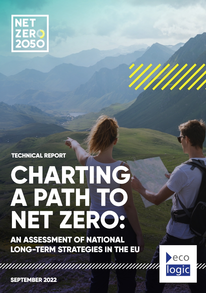Cover of the publication with net zero 2050 and Ecologic logo. Background image: Two young hikers in the mountains holding a map and looking down into the valley.