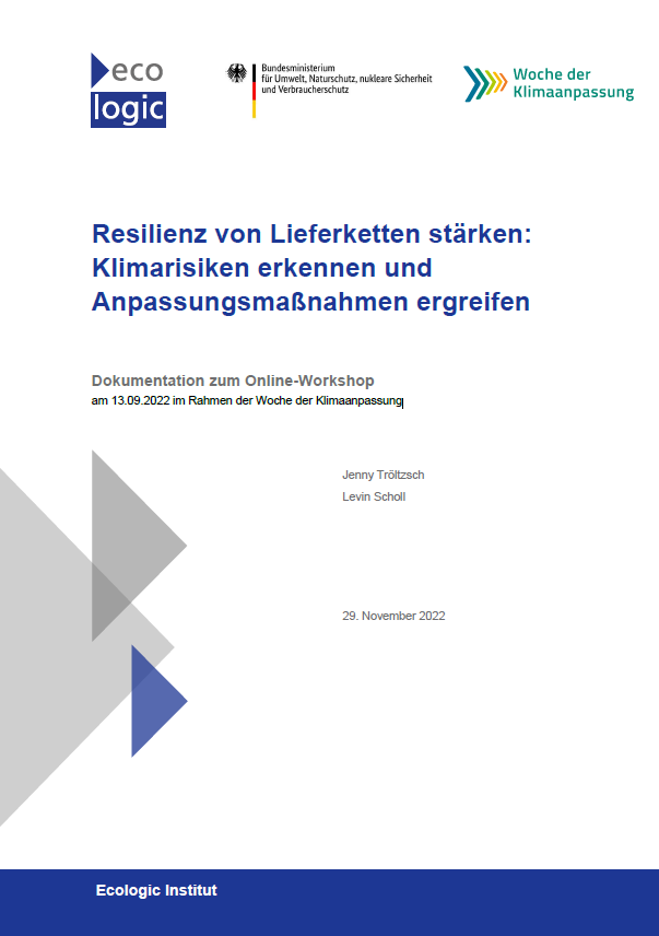 Cover page of the workshop documentation "Resilienz von Lieferketten stärken: Klimarisiken erkennen und Anpassungsmaßnahmen ergreifen Dokumentation zum Online-Workshop am 13.09.2022 im Rahmen der Woche der Klimaanpassung"