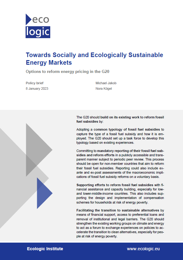 Cov er of the policy brief "Towards Socially and Ecologically Sustainable Energy Markets. Options to reform energy pricing in the G20"
