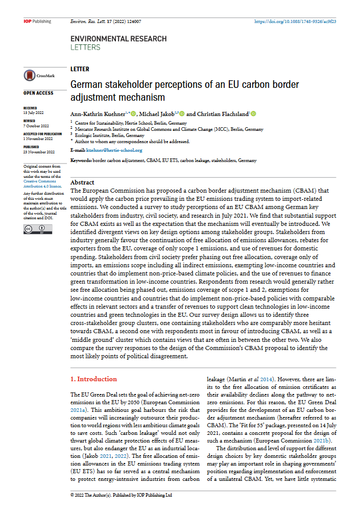 1st page of the article "German stakeholder perceptions of an EU carbon border adjustment mechanism"