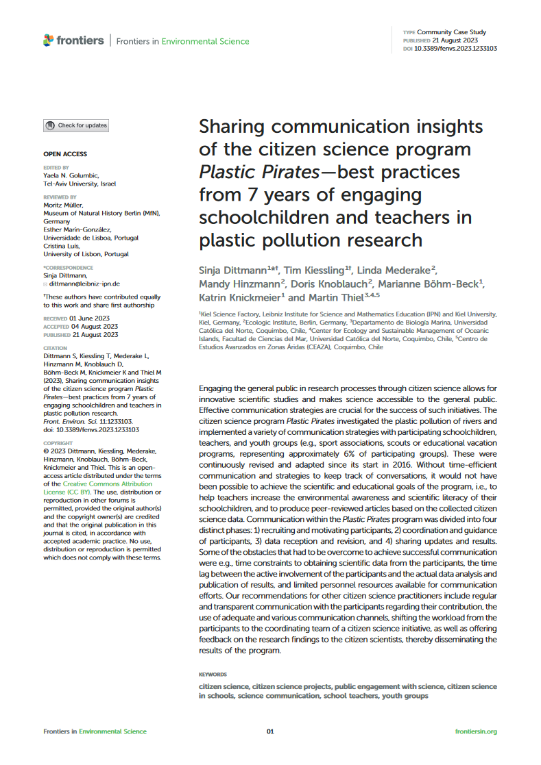 First page of the community case study "Sharing communication insights of the citizen science program Plastic Pirates—best practices from 7 years of engaging schoolchildren and teachers in plastic pollution research"