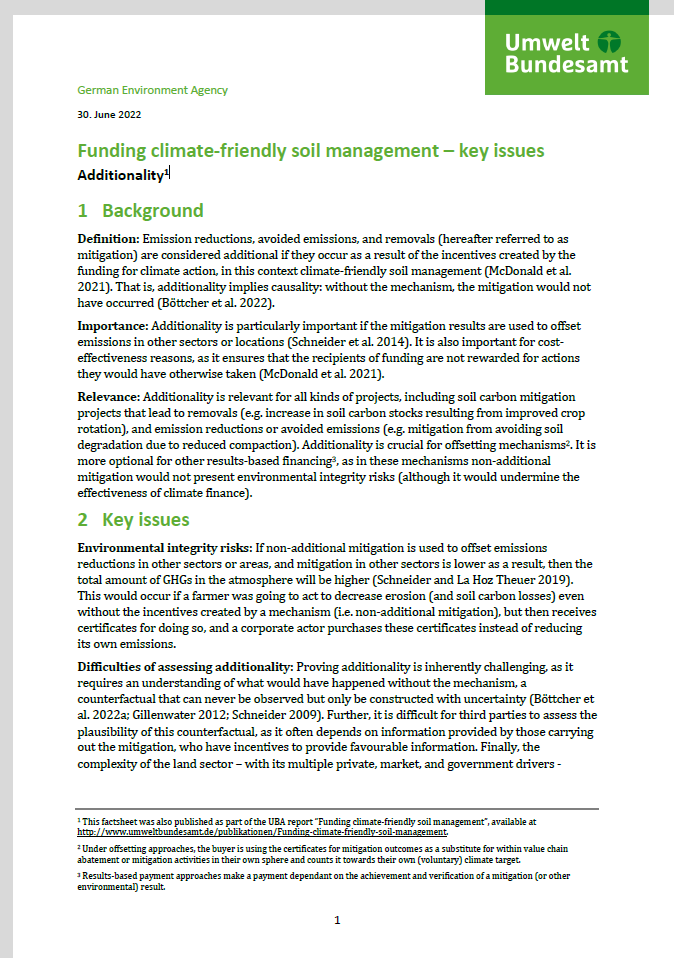1st page of the factsheet "Funding climate-friendly soil management – key issues. Additionality"
