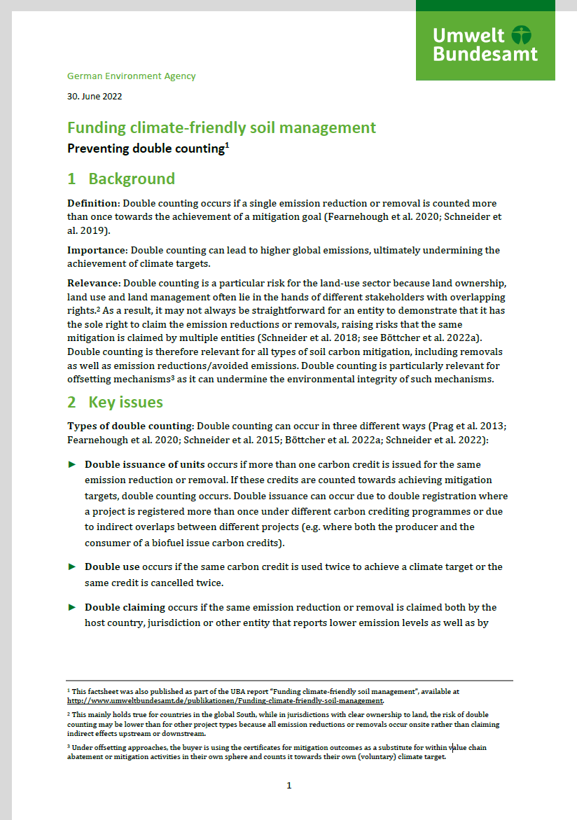 1st page of the fact sheet "Funding climate-friendly soil management. Preventing double counting"