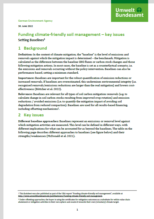 1st page of the fact sheet "Funding climate-friendly soil management – key issues Setting Baselines"