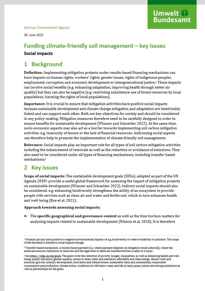 1st page of the UBA fact sheet "Funding climate-friendly soil management – key issues Social impacts"