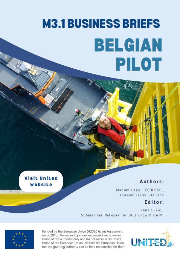 Cover page of the 'M3.1 BUSINESS BRIEFS - BELGIAN PILOT' document with a top-down view of a marine vessel. A person in a red safety suit is climbing a yellow ladder, symbolizing active marine operations. The bottom section invites readers to 'Visit United website' and lists authors Manuel Lago - ECOLOGIC, Youssef Zaiter - ACTeon, and editor Ivana Lukic from Submariner Network for Blue Growth EWIV.