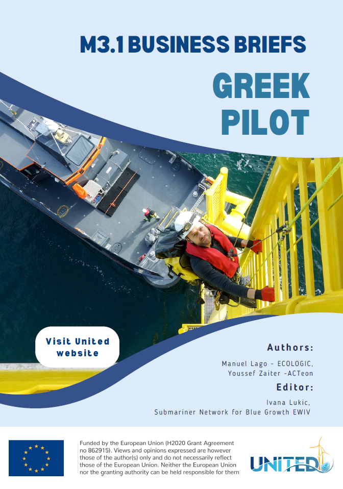 Cover page of the 'M3.1 BUSINESS BRIEFS - GREEK PILOT' document with a top-down view of a marine vessel. A person in a red safety suit is climbing a yellow ladder, symbolizing active marine operations. The bottom section invites readers to 'Visit United website' and lists authors Manuel Lago - ECOLOGIC, Youssef Zaiter - ACTeon, and editor Ivana Lukic from Submariner Network for Blue Growth EWIV.