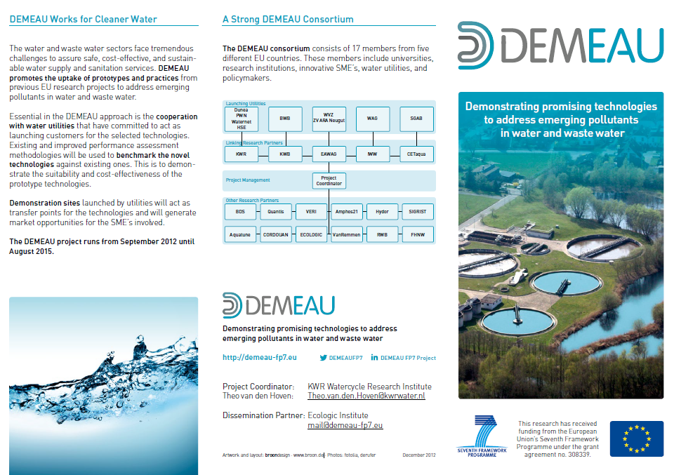 Information sheet about the DEMEAU project, which stands for 'Demonstrating promising technologies to address emerging pollutants in water and wastewater'. On the left of the image is a text-rich description of the project, which focuses on cooperation with water companies and the challenges of water treatment. In the center are the logos of the consortium members. On the right, the DEMEAU logo is shown next to an aerial photograph of a water treatment plant, emphasizing the practical application.