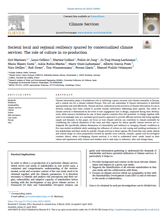 First page of an academic journal article titled "Societal local and regional resiliency spurred by contextualized climate services: The role of culture in co-production," published in the journal Climate Services.
