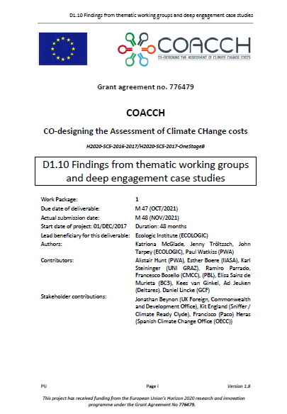 Cover of the COACCH deliverable "Findings from thematic working groups and deep engagement case studies"