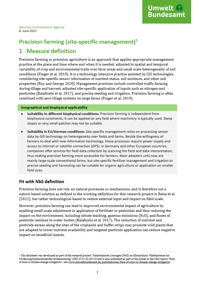 1st page of the fact sheet "Precision farming (site-specific management)"