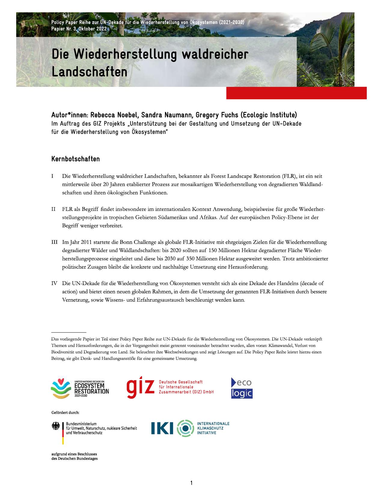 Cover Page of Policy Brief: "Die Wiederherstellung waldreicher Landschaften" with Key Messages