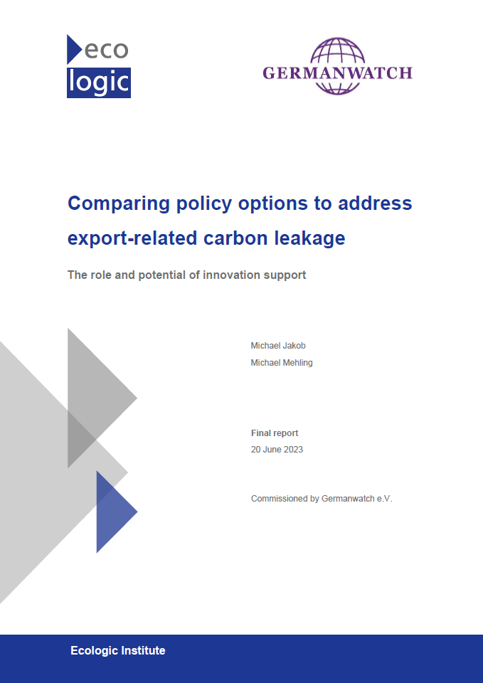 Cover page of the report "Comparing policy options to address  export-related carbon leakage. The role and potential of innovation support"