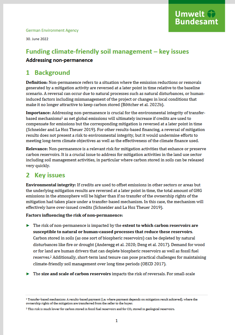 1st page of the UBA fact sheet "Funding climate-friendly soil management – key issues Addressing non-permanence"