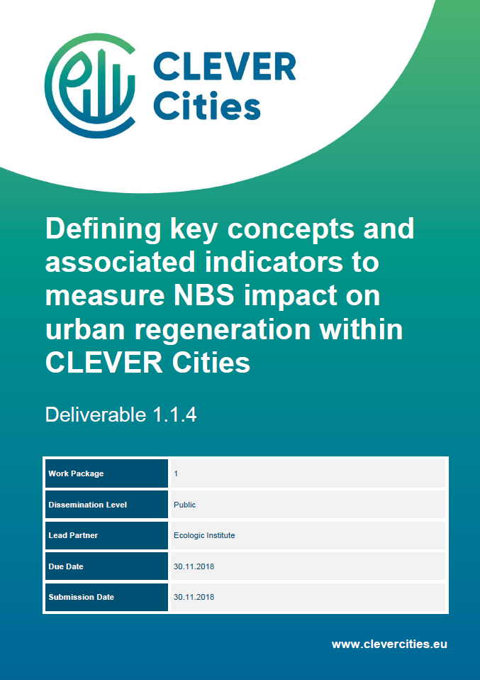 Cover page of the Report "Defining key concepts and associated indicators to measure NBS impact on urban regeneration within CLEVER Cities Deliverable 1.1.4"