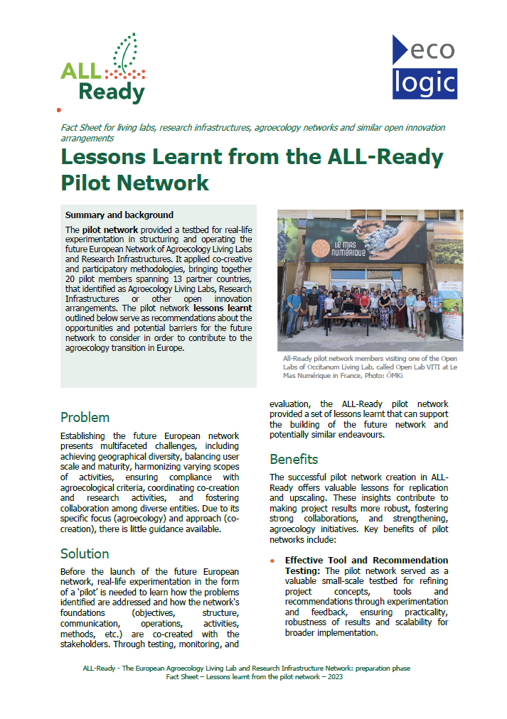 Fact sheet of the ALL-Ready project titled 'Lessons Learnt from the ALL-Ready Pilot Network'. The header features the ALL-Ready logo next to Ecologic Institute's logo. The text is divided into sections that provide a summary and background, problem description, solution approaches, and benefits of the network. A small photo shows network members visiting an Open Lab. Key points are highlighted with red bullets. The source citation and the year 2023 are at the bottom of the document.