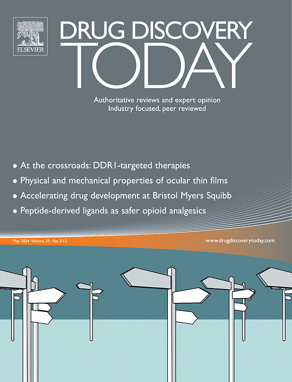 Cover of the journal 'Drug Discovery Today' from Elsevier. The title is 'Drug Discovery Today: Authoritative reviews and expert opinion. Industry focused, peer reviewed'. The cover lists several articles. The design at the bottom shows an illustration of several signposts pointing in different directions. The issue is from May 2024, Volume 29, No. 5/12