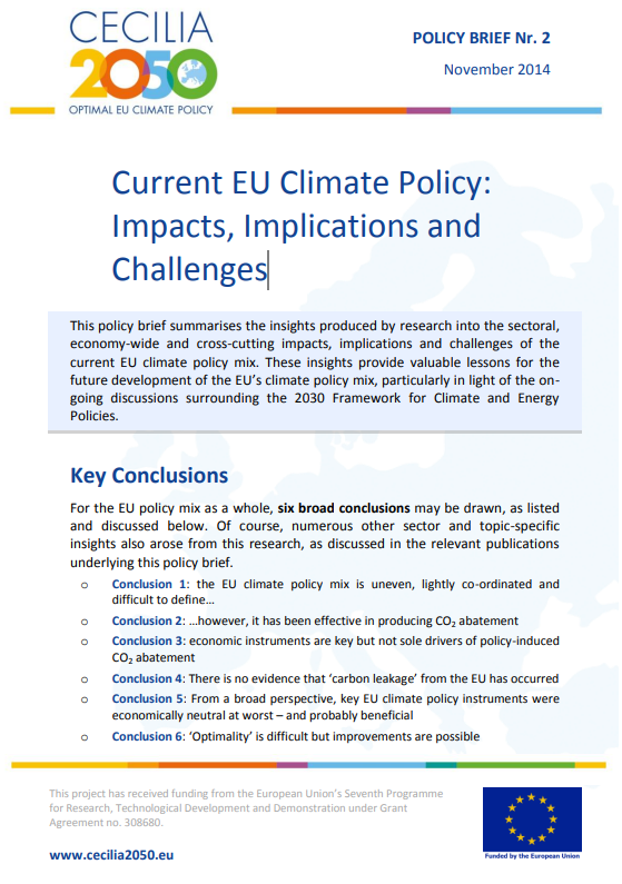 COver of the CECILIA2050 Policy Brief "Current EU Climate Policy: Impacts, Implications and Challenges"
