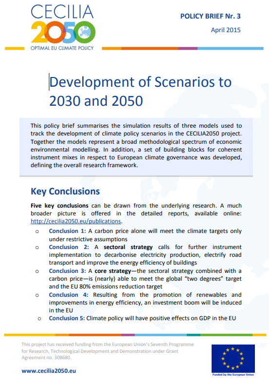 Cover of the CECILIA2050 Policy Brief "Development of Scenarios to 2030 and 2050"