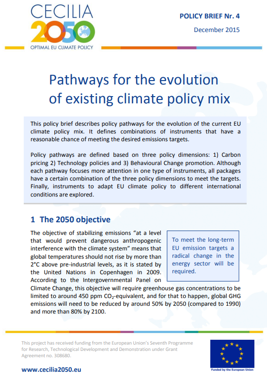 Cover page of the CECILIA2050 Policy Brief No 4 "Pathways for the evolution  of existing climate policy mix"