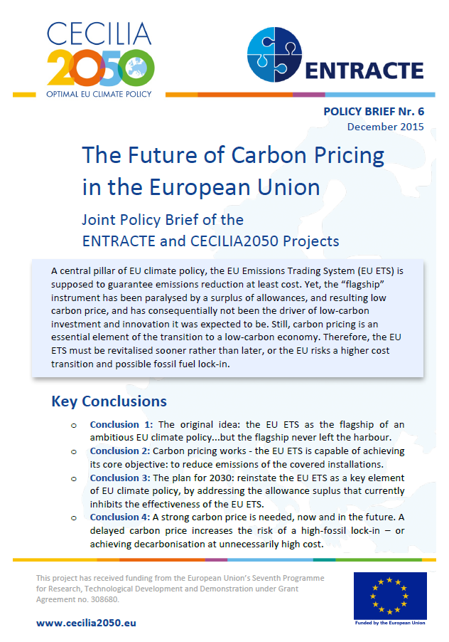 Cover of the Joint Policy Brief of the ENTRACTE and CECILIA2050 Projects "The Future of Carbon Pricing in the European Union"