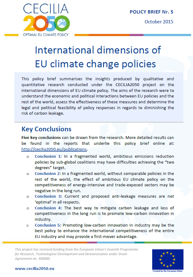 Cover of the CECilia2050 Policy Brief No 5 "International dimensions of EU climate change policies"