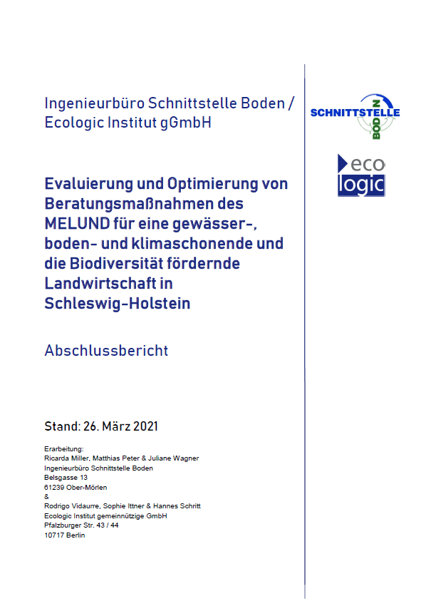 Cover of the final report "Evaluierung und Optimierung von Beratungsmaßnahmen des MELUND für eine gewässer-, boden- und klimaschonende und die Biodiversität fördernde Landwirtschaft in Schleswig-Holstein"