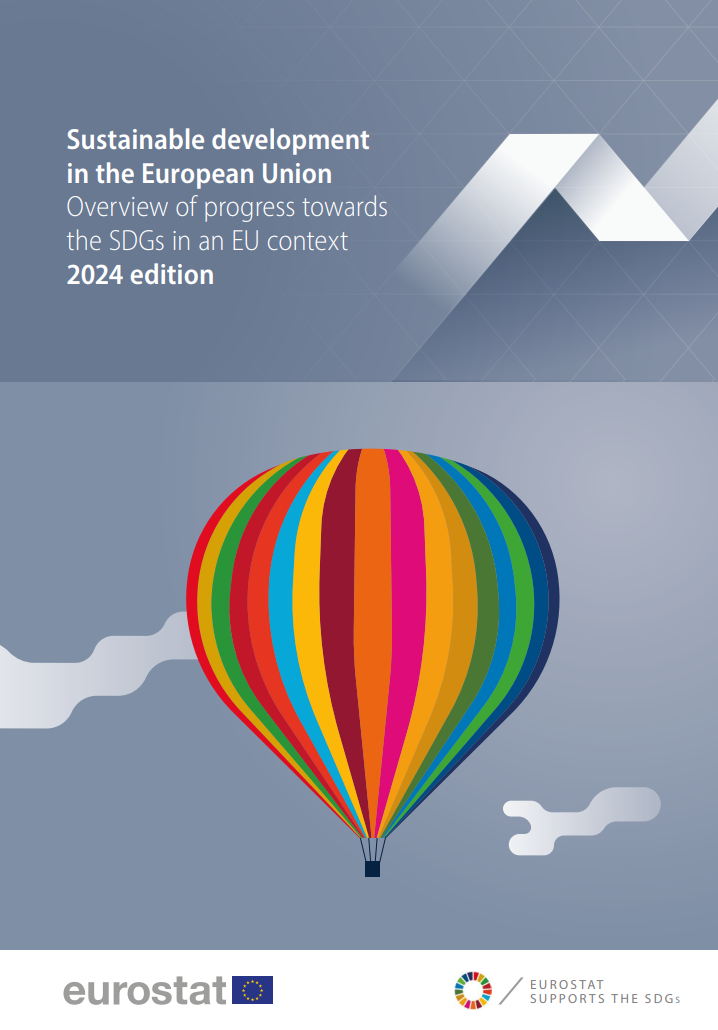 Cover of the report titled 'Sustainable development in the European Union: Monitoring report on progress towards the SDGs in an EU context, 2024 edition' by Eurostat. The design features shades of blue with a colorful hot air balloon graphic in the lower half. The balloon consists of vertical stripes in various colors such as red, orange, yellow, green, blue, and purple. The title of the report is in white text at the top left.