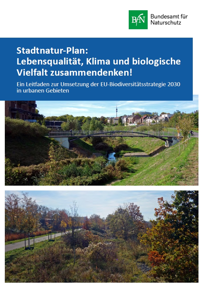 cover page of a document titled "Stadtnatur-Plan: Lebensqualität, Klima und biologische Vielfalt zusammendenken!" published by the German Federal Agency for Nature Conservation (BfN). 