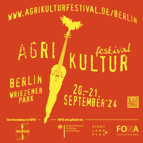 promotional poster for the AgriKultur Festival, which will take place in Berlin at the Wriezener Park on September 20-21, 2024. The poster features a stylized carrot designed as a guitar, symbolizing the blend of agriculture and culture. The festival is organized by KOPOS and is supported by the Federal Ministry of Education and Research (BMBF), the Stadt Land Plus initiative, and FONA (Research for Sustainable Development). The website www.agrikulturfestival.de/berlin is provided for more information.