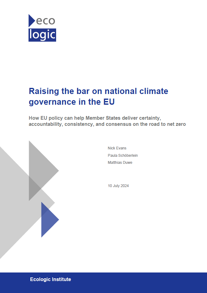 Cover of the report titled 'Raising the bar on national climate governance in the EU' by the Ecologic Institute.
