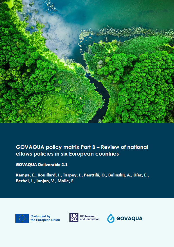 Cover of the GOVAQUA Policy Matrix Part B – Review of national eflows policies in six European countries, featuring an aerial view of lush green forest bordering a calm body of water, with logos of the EU, UK Research and Innovation, and GOVAQUA at the bottom.