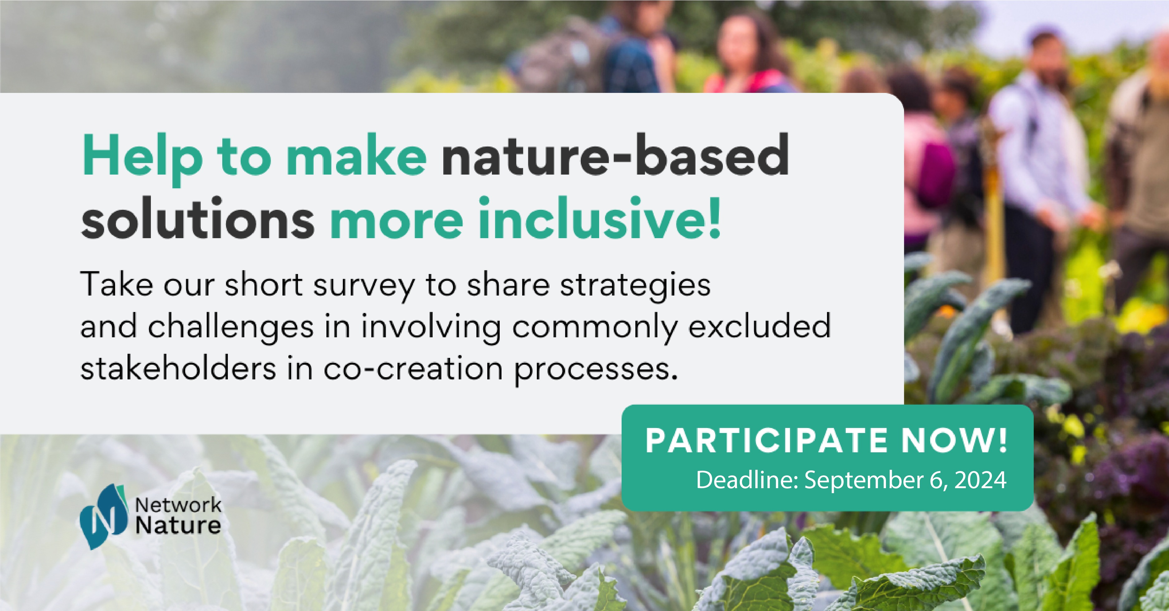 Survey promotion graphic with a headline "Help to make nature-based solutions more inclusive!" followed by the text "Take our short survey to share strategies and challenges in involving commonly excluded stakeholders in co-creation processes." There is a "Participate Now!" button with a deadline of September 6, 2024. The background shows a blurred image of people in a garden setting. The Network Nature logo is present in the bottom left corner.