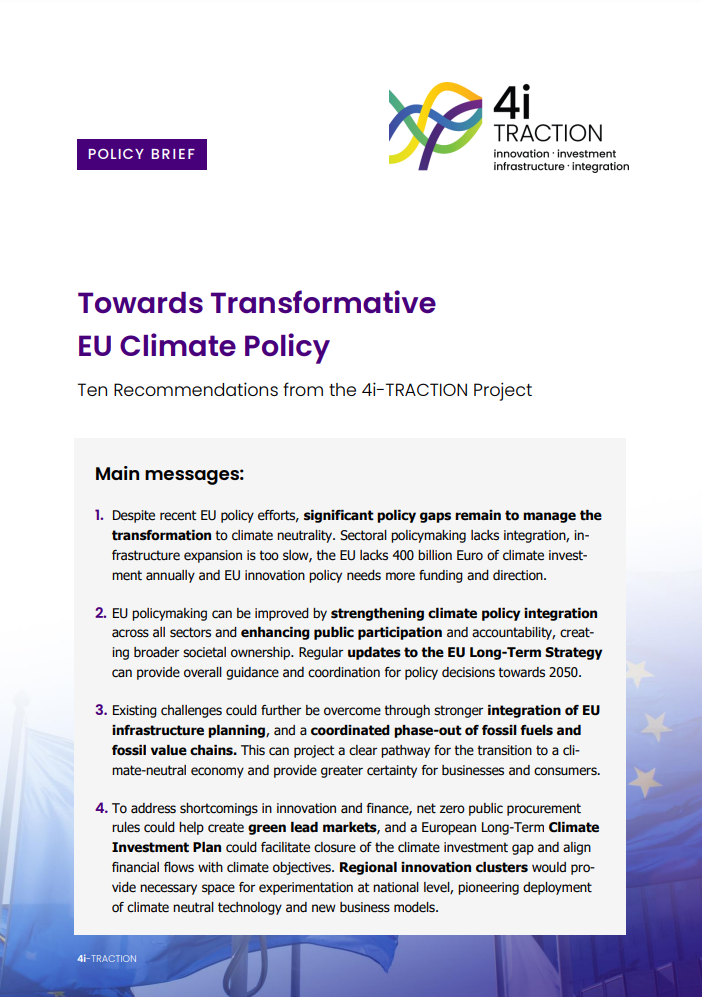 The cover page of the policy brief titled "Towards Transformative EU Climate Policy: Ten Recommendations from the 4i-TRACTION Project." The page includes the 4i-TRACTION project logo at the top right and a "Policy Brief" label in purple at the top left. The title and main messages are in purple and black text, outlining key points such as the need to manage the transition to climate neutrality, strengthen climate policy integration, and address gaps in infrastructure planning and finance.