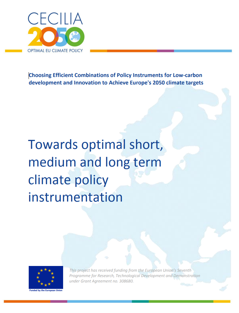 Cover page of the CECILIA 2050 project report titled 'Towards optimal short, medium and long term climate policy instrumentation'. The report focuses on choosing efficient combinations of policy instruments for low-carbon development and innovation to achieve Europe's 2050 climate targets. The cover features the CECILIA 2050 logo in colorful letters, with a background map of Europe in light blue. The report is funded by the European Union's Seventh Programme for Research, Technological Development, and ...