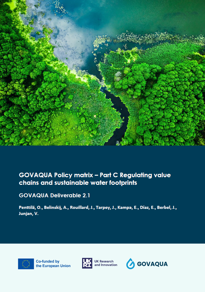 Cover of the GOVAQUA Policy Matrix Part C – Regulating value chains and sustainable water footprints, featuring an aerial view of a lush green forest surrounding a body of water, with logos of the EU, UK Research and Innovation, and GOVAQUA at the bottom.