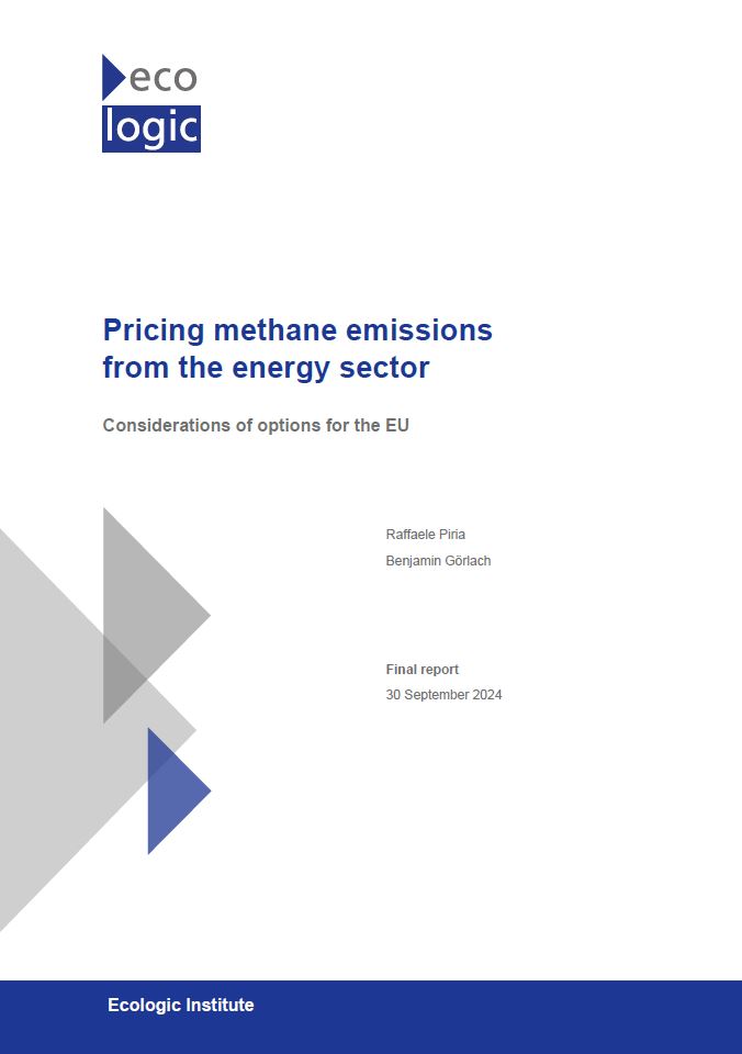 Cover page of a report titled 'Pricing methane emissions from the energy sector: Considerations of options for the EU.' The report is authored by Raffaele Piria and Benjamin Görlach, with the final report date being September 30, 2024. The Ecologic Institute logo is featured at the top, and the design includes grey and blue geometric shapes on a white background.