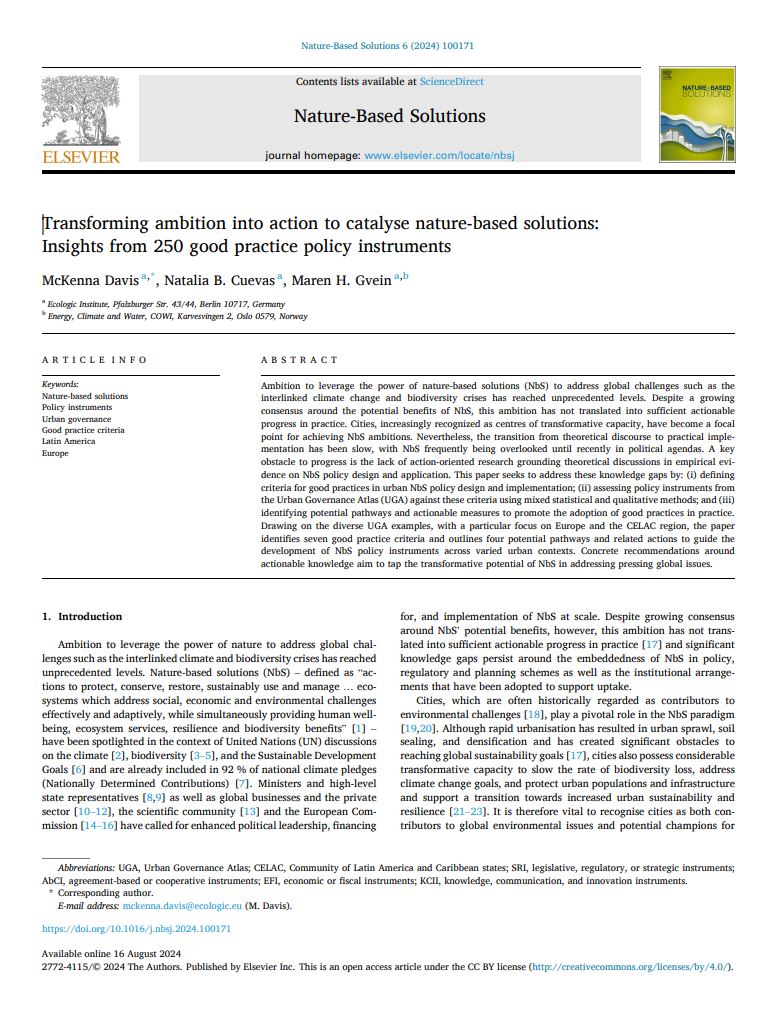 Screenshot of a scientific article titled 'Transforming ambition into action to catalyse nature-based solutions: Insights from 250 good practice policy instruments' by McKenna Davis, Natalia B. Cuevas, and Maren H. Gvein. The article is published in the journal Nature-Based Solutions, Volume 6, 2024. The abstract highlights the challenges and potential of nature-based solutions (NbS) to address global issues such as climate change and biodiversity loss.