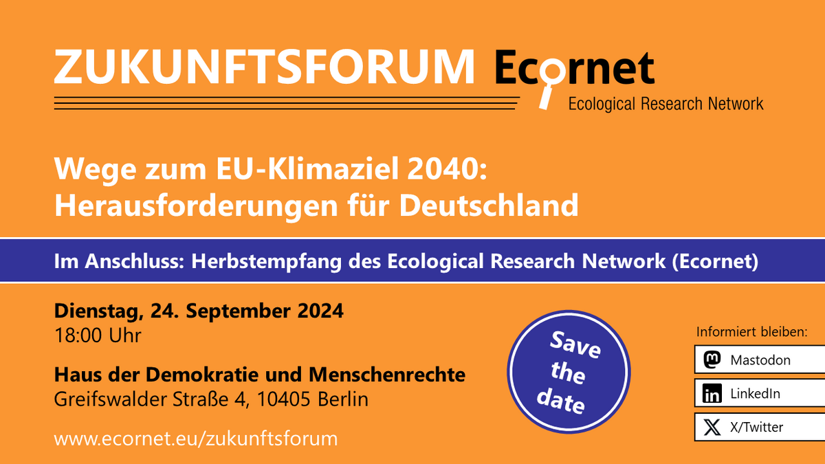 Event announcement for 'Zukunftsforum Ecornet: Wege zum EU-Klimaziel 2040: Herausforderungen für Deutschland' on an orange background. The event is scheduled for Tuesday, September 24, 2024, at 6:00 PM at the Haus der Demokratie und Menschenrechte, Berlin. The announcement includes a 'Save the Date' button and mentions that a fall reception by the Ecological Research Network (Ecornet) will follow. Social media icons for Mastodon, LinkedIn, and X/Twitter are included at the bottom right for staying informed.