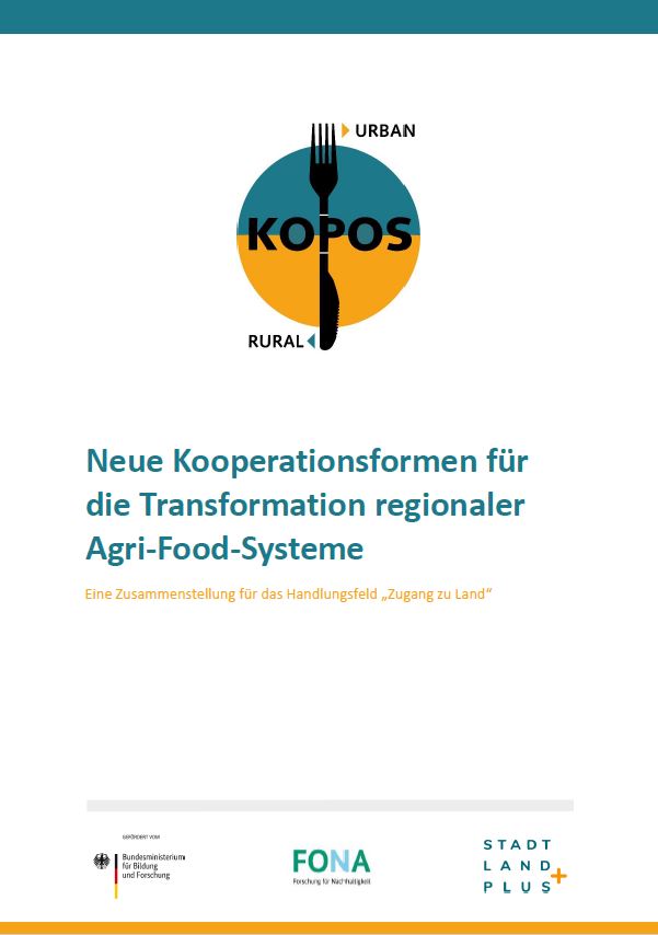 Cover page of a report titled 'Neue Kooperationsformen für die Transformation regionaler Agri-Food-Systeme' (New forms of cooperation for the transformation of regional agri-food systems). The subtitle mentions that it is a compilation for the field of action 'Access to land.' The cover features the KOPOS logo, which shows a fork splitting a circle with 'Urban' and 'Rural' labels. Logos for the Federal Ministry of Education and Research (BMBF), FONA, and Stadt Land Plus are displayed at the bottom.