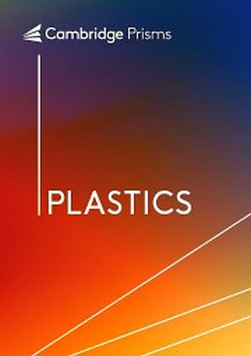 Cover of a publication from 'Cambridge Prisms' titled 'Plastics.' The cover features a gradient background transitioning from deep red to blue, with white lines cutting across the lower half. The title 'Plastics' is displayed in simple white text.