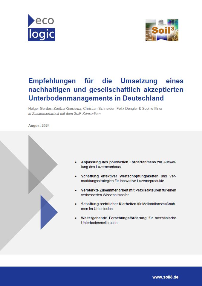 Cover page of the report titled 'Empfehlungen für die Umsetzung eines nachhaltigen und gesellschaftlich akzeptierten Unterbodenmanagements in Deutschland' (Recommendations for the Implementation of a Sustainable and Socially Accepted Subsoil Management in Germany). Key recommendations are listed, focusing on political frameworks, value chains, collaboration with practitioners, legal clarity, and further research support.