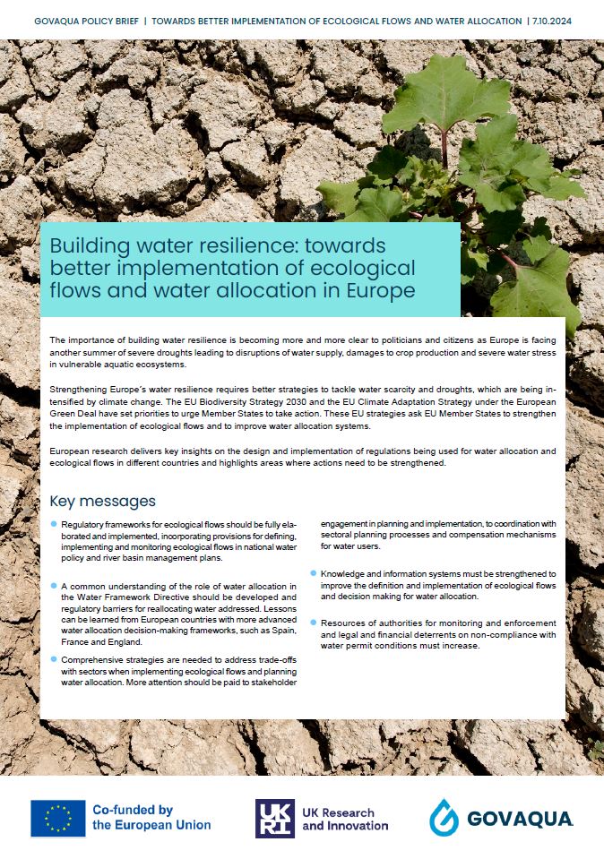 Cover of the GOVAQUA policy brief titled 'Building water resilience: towards better implementation of ecological flows and water allocation in Europe,' dated 7 October 2024. The top half of the cover shows a cracked, dried soil surface with a green plant growing from it, symbolizing water scarcity and resilience. The lower half of the cover presents the policy brief text with key messages and is co-branded with logos of the European Union, UK Research and Innovation, and GOVAQUA.