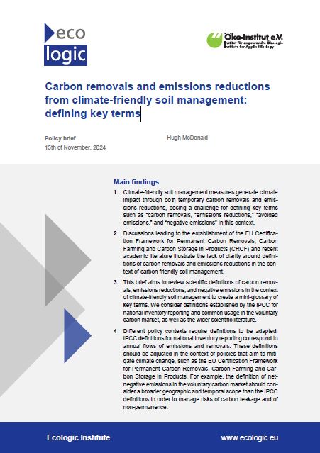 Cover of the policy brief "Carbon removals and emissions reductions from climate-friendly soil management: defining key terms", published on 15th November 2024, writtenby Hugh McDonald.