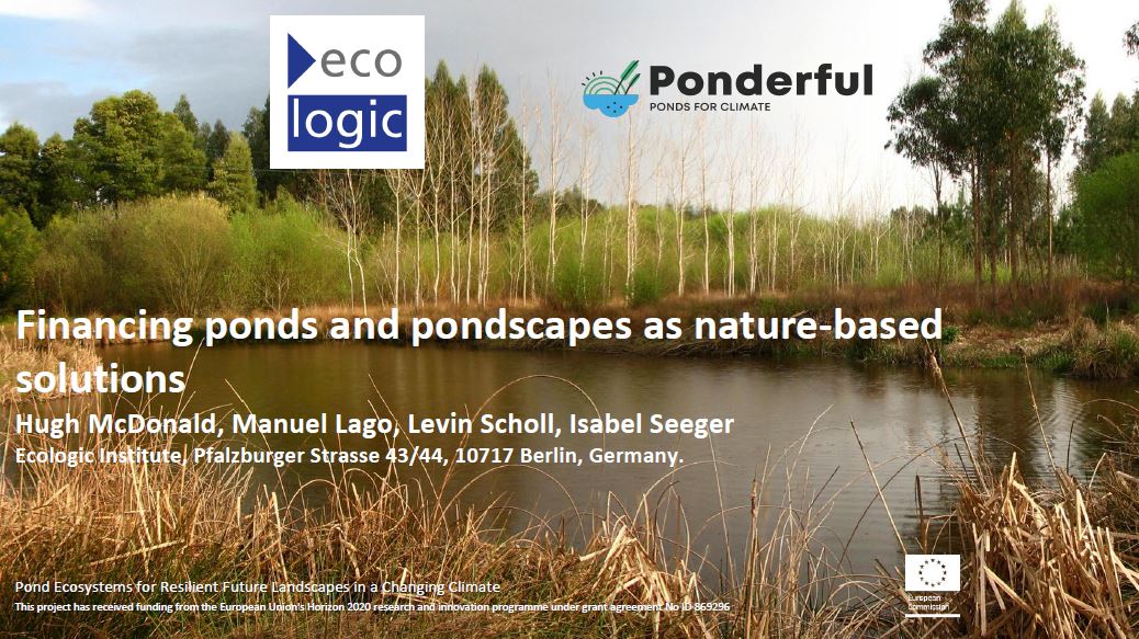 Cover slide of the presentation titled "Financing ponds and pondscapes as nature-based solutions." Presented by Hugh McDonald, Manuel Lago, Levin Scholl, Isabel Seeger.