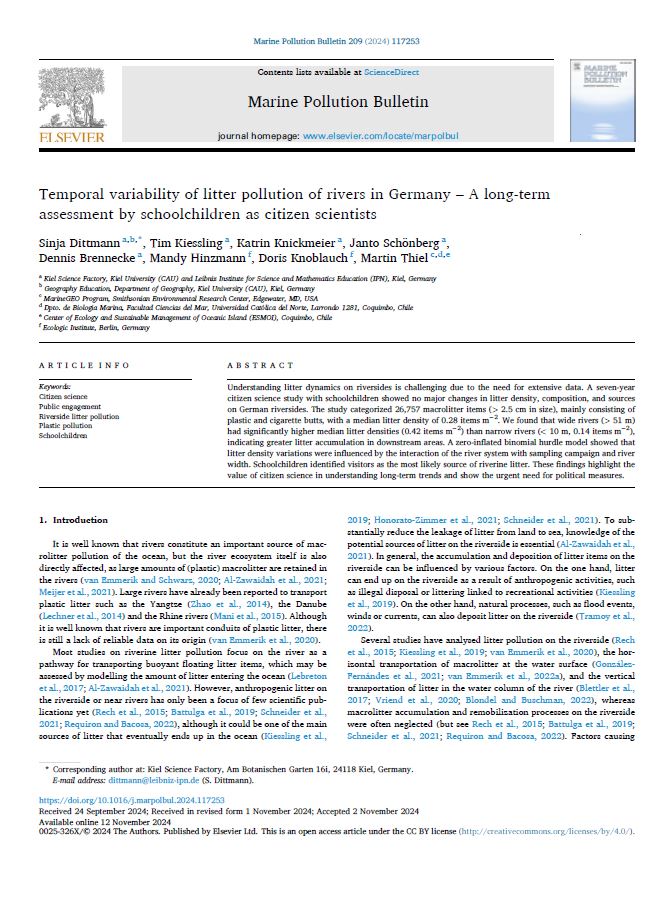 Cover of a research article from the Marine Pollution Bulletin. The title reads "Temporal variability of litter pollution of rivers in Germany – A long-term assessment by schoolchildren as citizen scientists." The article lists multiple authors and affiliations, and the abstract discusses the study's findings on river litter dynamics. Visible sections include the abstract and the introduction.