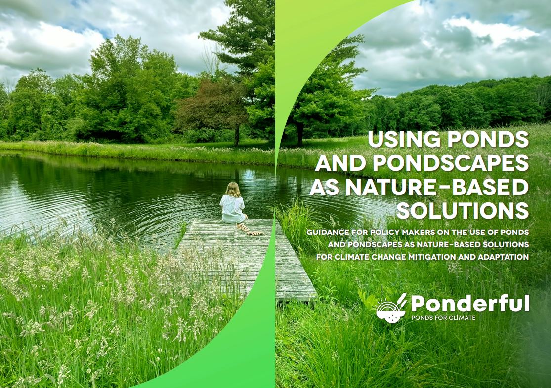 Cover of the "Using Ponds and Pondscapes as Nature-Based Solutions" guidance document. The left side shows a young girl sitting on a wooden pier extending into a calm pond surrounded by lush greenery. The right side features the title and subtitle in bold white text on a green gradient background: "Using Ponds and Pondscapes as Nature-Based Solutions: Guidance for policy makers on the use of ponds and pondscapes as nature-based solutions for climate change mitigation and adaptation."