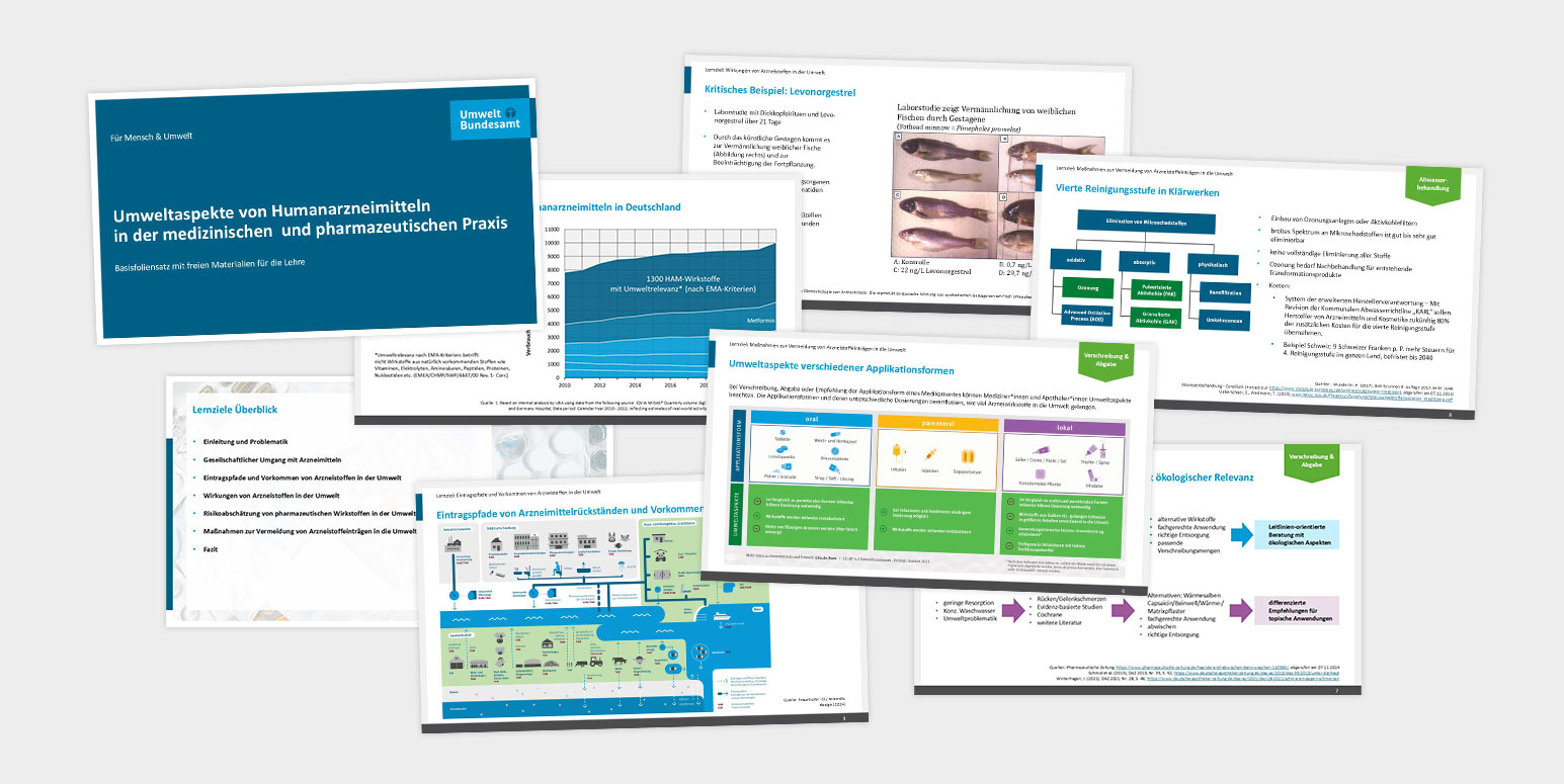 Slides of a presentation set titled "Environmental Aspects of Human Pharmaceuticals in Medical Practice." Subtitle: "Basic slide set with free materials for medical education." 